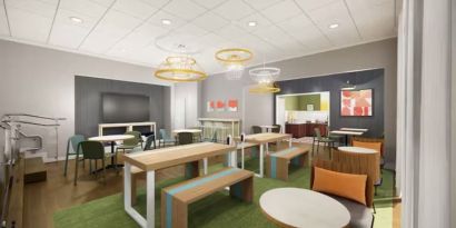 Lounge and coworking space at Spark By Hilton Houston Hobby Airport.