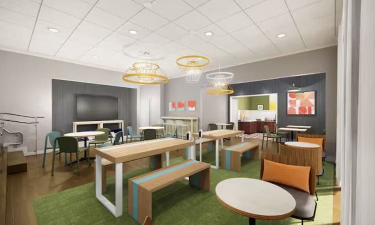 Lounge and coworking space at Spark By Hilton Houston Hobby Airport.