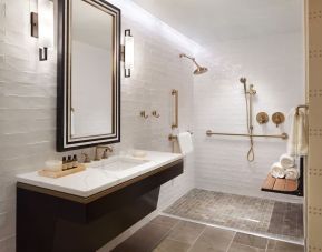 Guest bathroom with shower at The Plaza Pioneer Park, El Paso.