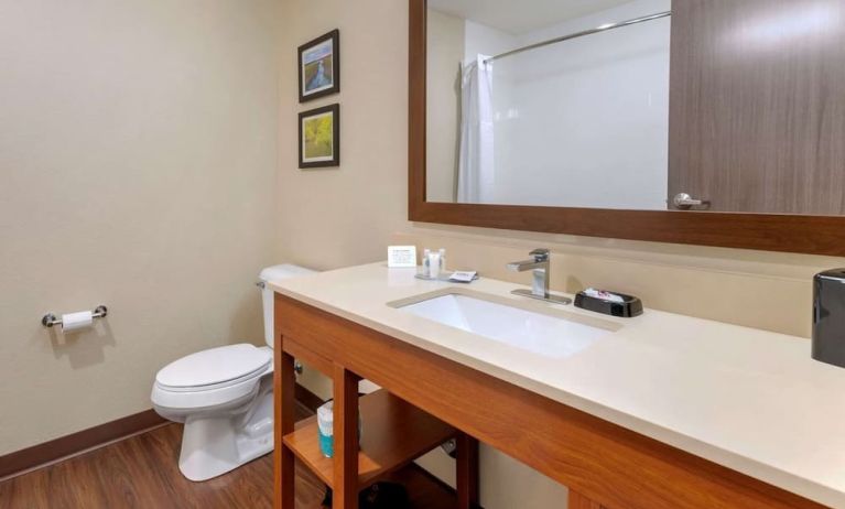 Guest bathroom with shower at Comfort Inn & Suites Mankato.