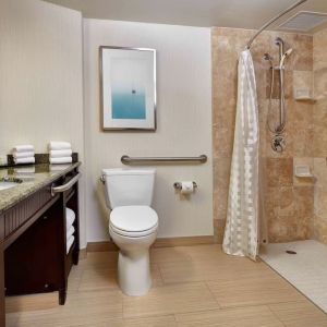 Accesible private guest bathroom with shower at Embassy Suites By Hilton San Diego-La Jolla.