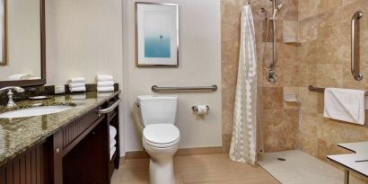 Accesible private guest bathroom with shower at Embassy Suites By Hilton San Diego-La Jolla.