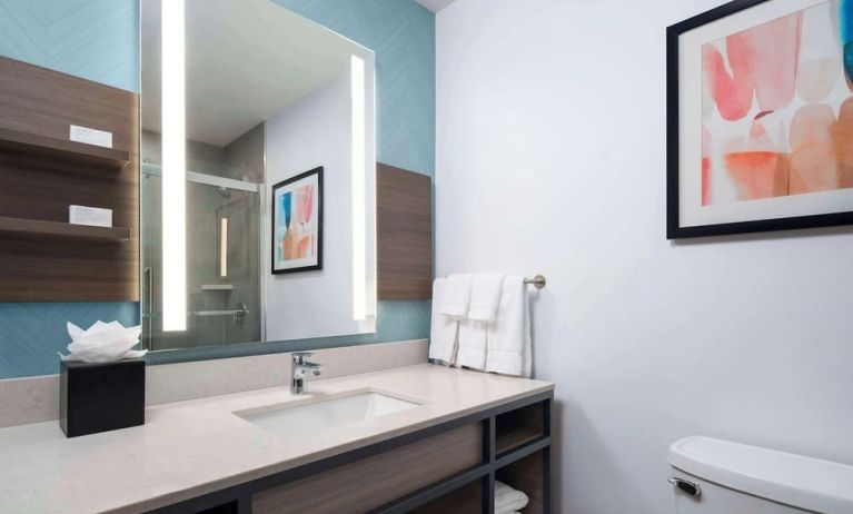 Private guest bathroom with shower and free toiletries at Hilton Garden Inn Kennett Square.