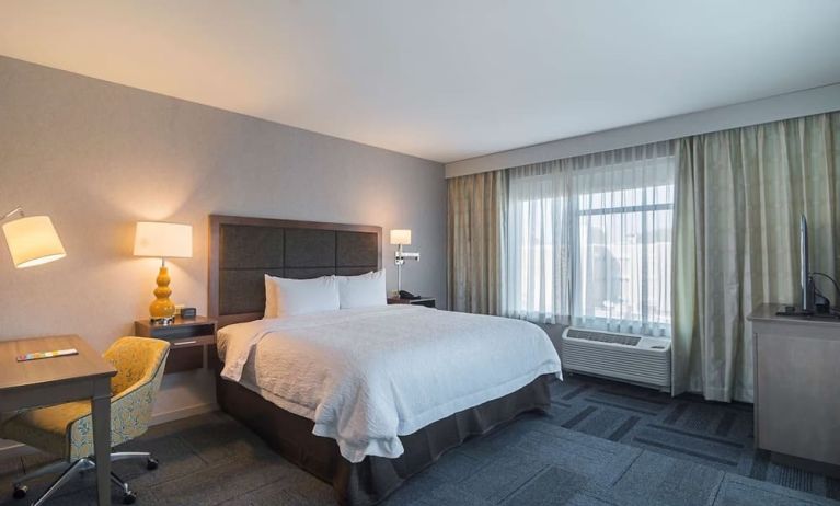 King bed with work desk at Hampton Inn Chicago North/Loyola Station.