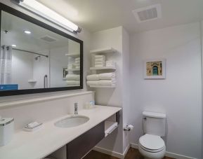 Guest bathroom with shower and tub at Hampton Inn Chicago North/Loyola Station.