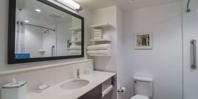 Guest bathroom with shower and tub at Hampton Inn Chicago North/Loyola Station.