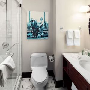 Guest bathroom with shower at Hilton Brooklyn New York.