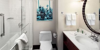 Guest bathroom with shower at Hilton Brooklyn New York.