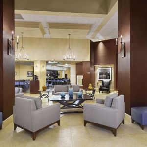 Lobby and coworking lounge at DoubleTree By Hilton Orlando Downtown.
