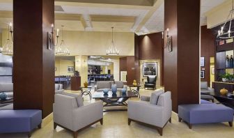 Lobby and coworking lounge at DoubleTree By Hilton Orlando Downtown.
