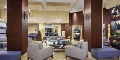 Lobby and coworking lounge at DoubleTree By Hilton Orlando Downtown.
