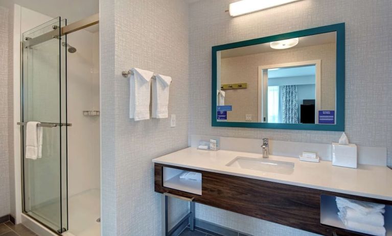 Guest bathroom with shower at Hampton Inn & Suites Sunnyvale Silicon Valley.