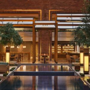 Lobby and coworking lounge at Hilton Anatole.