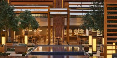 Lobby and coworking lounge at Hilton Anatole.