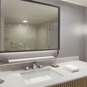 Guest bathroom with shower at Hilton Anatole.