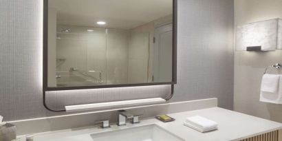 Guest bathroom with shower at Hilton Anatole.