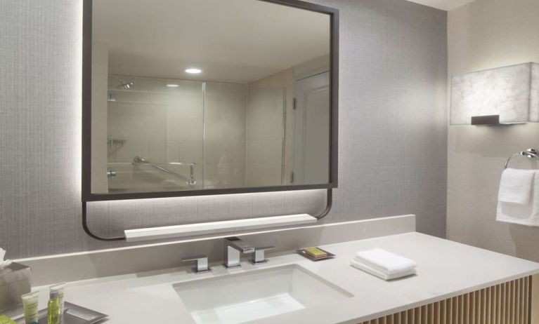 Guest bathroom with shower at Hilton Anatole.