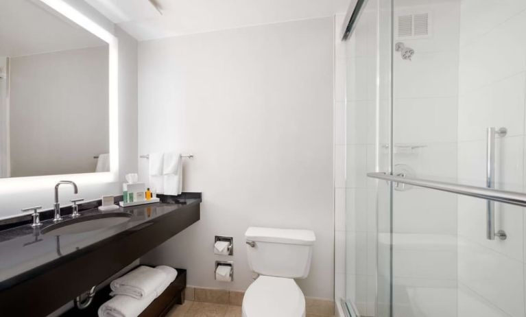 Guest bathroom with shower at Hilton Atlanta.