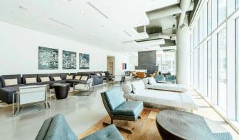 Lobby and coworking lounge at Hilton Garden Inn Denver Union Station.