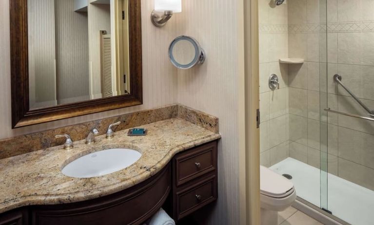 Guest bathroom with shower at Hilton Chicago-Northbrook.