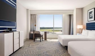 Day use double room with work desk at Hilton BNA Nashville Airport Terminal.
