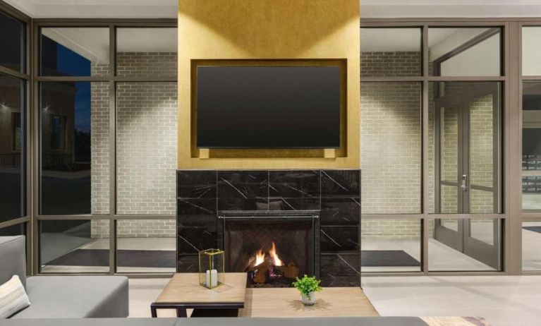 Lobby lounge with fireplace at Hilton Garden Inn Nashville West End Avenue.