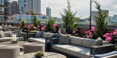 Rooftop lounge with city view at Arlo SoHo.