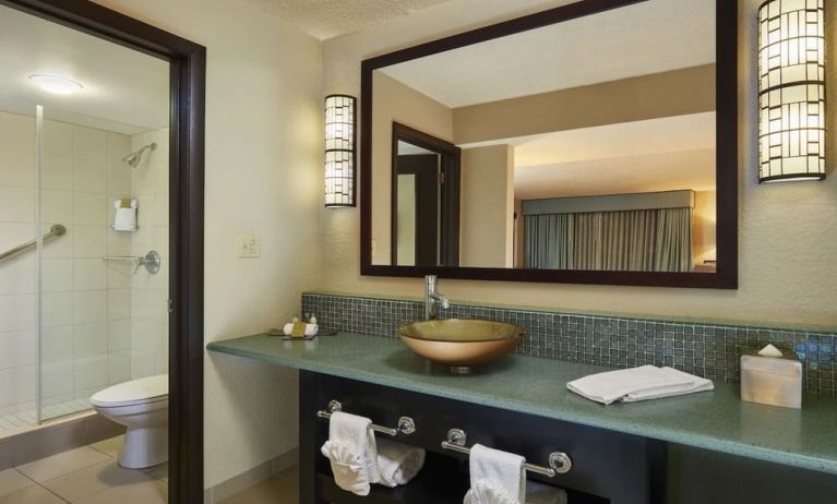 Guest bathroom with shower at DoubleTree By Hilton Orlando At SeaWorld.