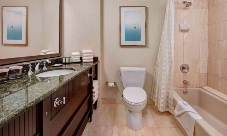 Guest bathroom with shower and tub at Embassy Suites By Hilton San Diego-La Jolla.