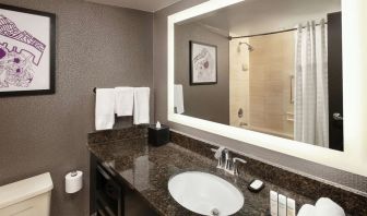 Guest bathroom with shower and tub at Embassy Suites By Hilton Crystal City-National Airport.