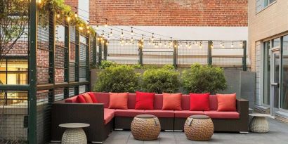 Comfortable furniture in the courtyard of the Hilton Garden Inn Washington DC/Georgetown Area.