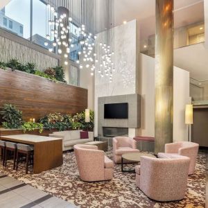 Lobby and coworking lounge at Hilton Garden Inn Washington DC/Georgetown Area.