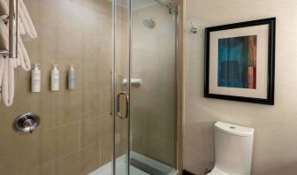 Guest bathroom with shower at Hilton Garden Inn Washington DC/Georgetown Area.