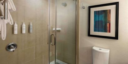 Guest bathroom with shower at Hilton Garden Inn Washington DC/Georgetown Area.