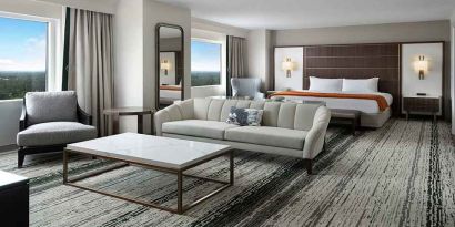 Spacious, bright and stylish living room in a presidential suite at the Signia by Hilton Orlando Bonnet Creek.