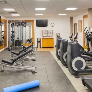 Fitness center with treadmill, exercising bike and weights at the DoubleTree by Hilton Orlando Downtown.