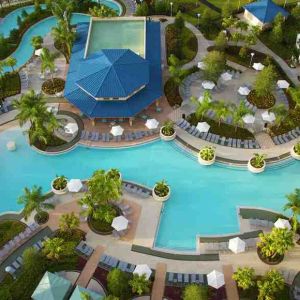 Stunning aerial view of the outdoor pools at the Hilton Orlando.