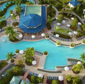 Stunning aerial view of the outdoor pools at the Hilton Orlando.