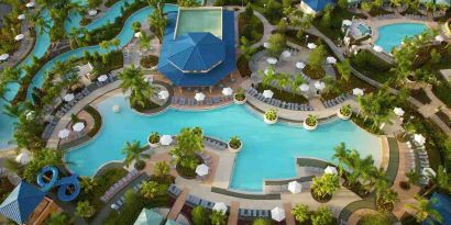 Stunning aerial view of the outdoor pools at the Hilton Orlando.