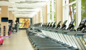 Fully equipped fitness center with treadmills and weights at the Hilton Orlando.