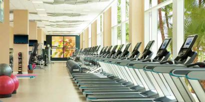 Fully equipped fitness center with treadmills and weights at the Hilton Orlando.