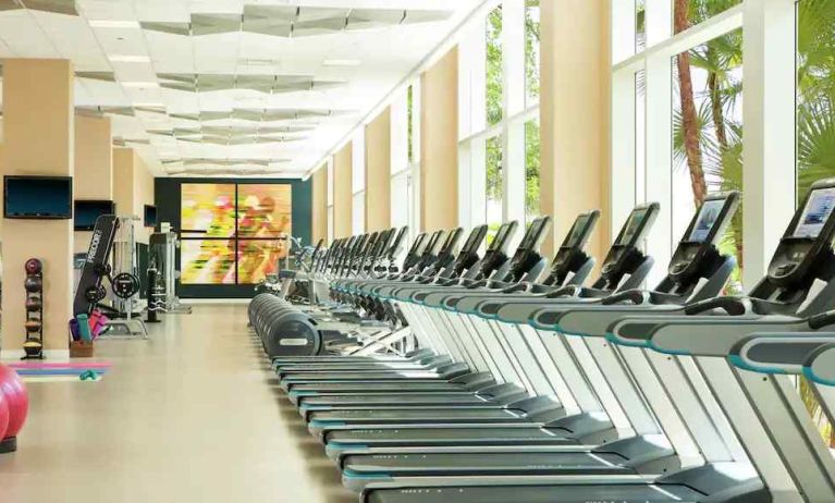 Fully equipped fitness center with treadmills and weights at the Hilton Orlando.