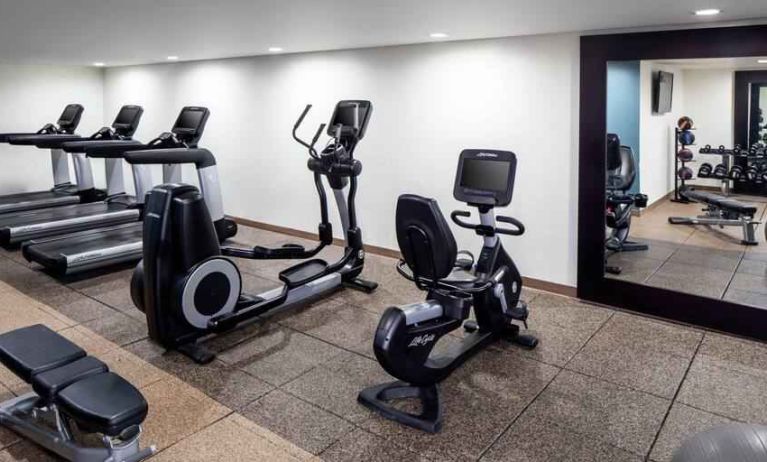 Fully equipped gym at the DoubleTree by Hilton Cleveland Westlake.