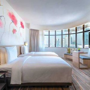 Spacious and stylish room with views of KL Tower at the Hilton Garden Inn Kuala Lumpur Jalan Tuanku Abdul Rahman South.