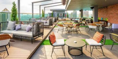 Beautiful rooftop bar with stunning views of KL at the Hilton Garden Inn Kuala Lumpur Jalan Tuanku Abdul Rahman South.