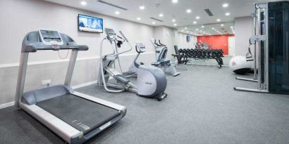 Fitness center with treadmill, exercising bike and weights at the Hilton Garden Inn Kuala Lumpur Jalan Tuanku Abdul Rahman North.