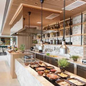 Breakfast buffet in a stilish restaurant area at the Hilton Garden Inn Singapore Serangoon.