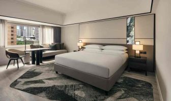 King size bed in a deluxe room with great city view at the Hilton Singapore Orchard.