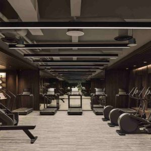 Stylish fitness center with treadmills and excercise bikes at the Hilton Singapore Orchard.