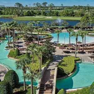 Stunning aerial view of the outdoor pools at the Signia by Hilton Orlando Bonnet Creek.